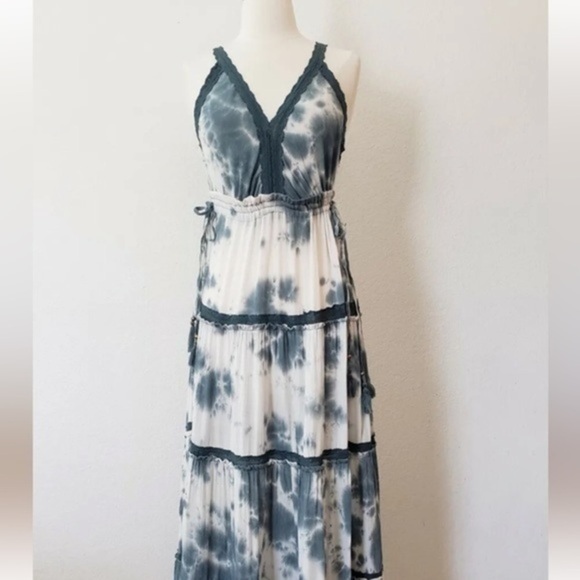 Anthropologie Maxi Dress New Size Tie Dye Blue Tiered Drawstring Boho - Picture 2 of 6